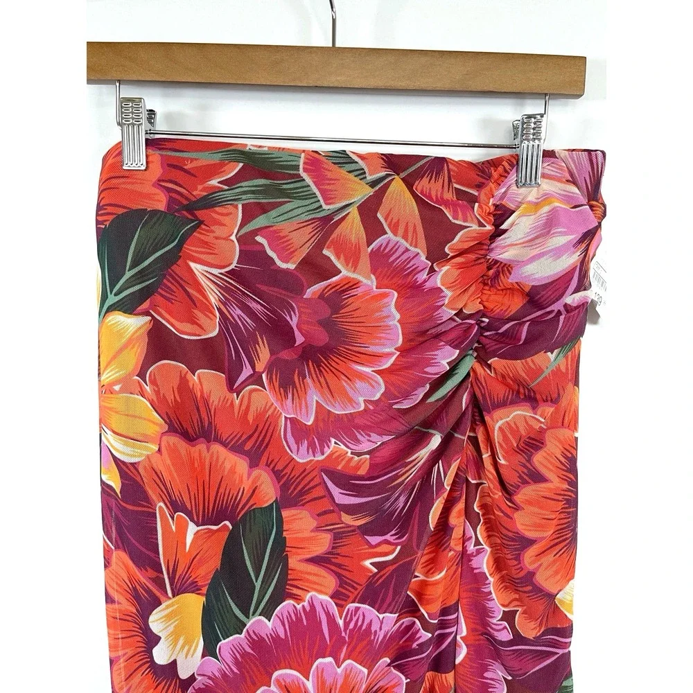 NWT Womens Ruched Peony Floral Midi Skirt L Slit Mesh Strechy Tropical Resort‎